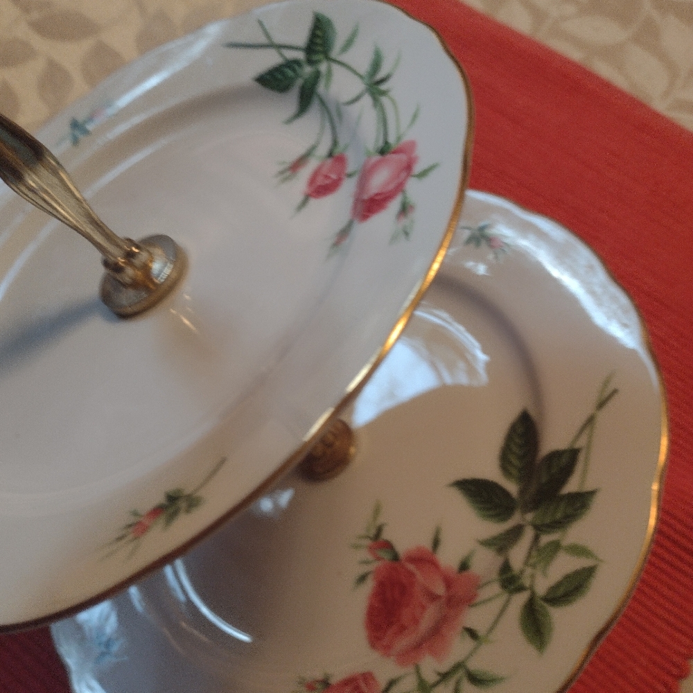 VTG Christineholm Rose Porcelain Tiered Serving Tray/ Plates Gold Trim